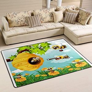 Vloerkleed 100 x 150 cm, cartoon honingbij flanellen mat tapijt, antislip vloerkleed print woonkamer tapijt, voor strand, kinderkamer