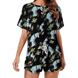 Leuke lama met cactus zachte dames pyjama korte mouw pyjama loungewear met zakken cadeau voor thuis strand 2XL