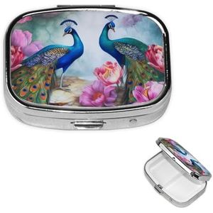 Kleine pillenkoker 2 compartimenten, mooie pauwen en lotussen, pillendoos, dagelijkse metalen draagbare pillenorganizer voor zakportemonnee, reispillendoos met spiegel, vierkant