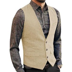 Dvbfufv Heren Kostuum Vest Wol Tweed Vest Jas Slim Business Groomman Bruiloft Vesten Lente Champagne L