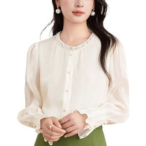 ROUZIHU Damesshirt met lange mouwen en kralen, ronde hals, slim fit, chiffon shirt voor dames, Beige, XXL