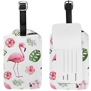 Flamingo Aquarel Leaves Bagage Tag PU Lederen Tas Reizen Koffer Bagage Label 2 Stuks Set, Meerkleurig, 4.92 x 2.76 inch