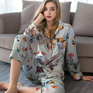 Dame Zijden Satijnen Pyjama Set,Satijnen Zijden Pyjama Voor Dames Set 2-Delige Elegante Print Pyjama Button Down Lange Mouw Zomer Pijama Nachtkleding Nachtkleding Nachtkleding Lounge,Grijs Blauw,Xxl