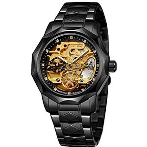 Tourbillon Design heren analoge automatische roestvrijstalen polshorloge mechanische skelet mannelijke klok, 8240-zwart, armband