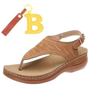 Comfortabele orthopedische sandalen voor dames, met leren sleutelhanger, platte sandalen met boogondersteuning voor dames, Bruin, 44 EU