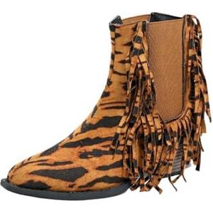 Western Cowboylaarzen Vintage Instapschoenen Met Brede Schacht For Dames Enkellaarsjes Met Spitse Neus En Franjes Suède Laarsjes Met Blokhak Enkelschoenen In Grote Maten For Concerten(Brown,43 EU)