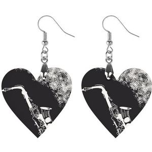 Zwart Wit Saxofoon Leuke Hartvormige Hanger Oorbellen Voor Vrouwen Lichtgewicht Houten Oorbellen Mode-sieraden Geschenken