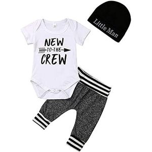 Juflam 3-delige kledingset voor pasgeboren babyjongens, rompertje + hoed + broek, wit, kort., 6-9 Maanden