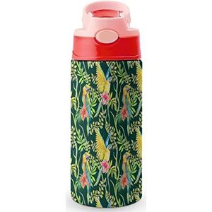 Actuele ara bloem en bladeren 12 oz waterfles met rietje koffie beker water beker roestvrij staal reismok voor vrouwen mannen roze stijl