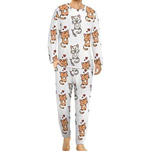 Love My Cat Comfortabele herenpyjama-set met ronde hals en lange mouwen, loungewear met zakken, L