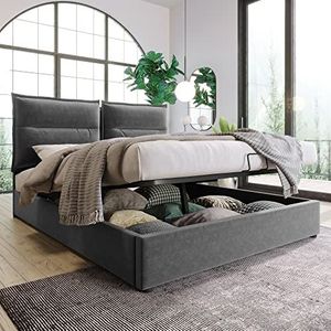 VSOGA Hydraulisch gestoffeerd bed, tweepersoonsbed, 140 x 200 cm, verstelbaar hoofdeinde, fluweel, modern bedframe met metalen frame, grote opbergruimte, grijs (zonder matras)