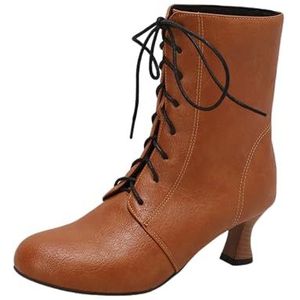 Traditionele Laarzen Met Hak Dames Enkellaarsjes In Grote Maten Retro Middeleeuwse Ankle Boots PU Leren Booties Hoge Hakken Met Bandjes Herfst-winter Enkelschoenen(Yellow,43 EU)