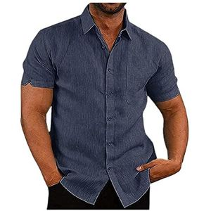 Herenoverhemd Katoen Linnen Korte Mouw Normale Pasvorm Casual Strandoverhemd Normale Pasvorm Zomeroverhemden Met Zak heren t-shirt(Blue B,XXL)