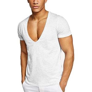 Heren Katoenen Korte Mouw T-shirts Laag Gesneden Diepe V-hals Stretch Tee Onzichtbare Vee Tops, Wit, XL