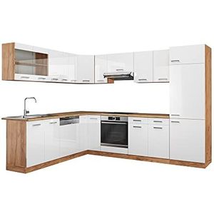 Vicco Hoekkeuken R-Line, wit hoogglans/goldkraft eiken, 227 x 287 cm, AP marmer