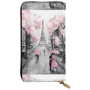Paris Street Eiffeltoren Roze Bloemen Unisex Lederen Rits Portemonnee Cosmetische Tas voor Party Reizen Vakantie Geschenken, Zwart, Eén maat