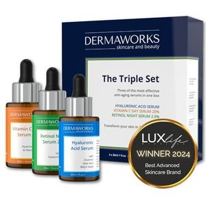 GEZICHTSSERUM HUIDVERZORGINGSSET - 3 krachtige gezichtsserums - Vitamine C met niacinamide + retinol + hyaluronzuur Hydraterend, anti-aging - Huidverzorgingscadeau voor vrouwen en mannen - DERMAWORKS