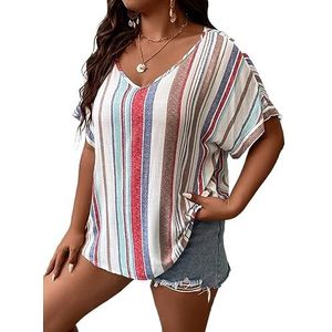 damestop in grote maten Plus gestreepte blouse met vleermuismouwen (Color : Multicolore, Size : 0XL)