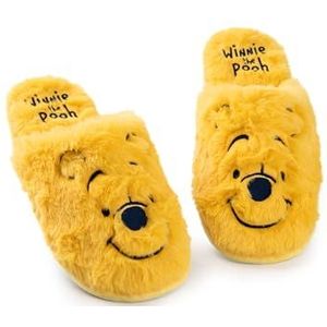 Disney Winnie the Pooh Dames pantoffels | Dames teddybeer indoor bontmuiltjes in geel | Geborduurde instap-huisschoenen met karaktergezicht voor volwassenen en tieners