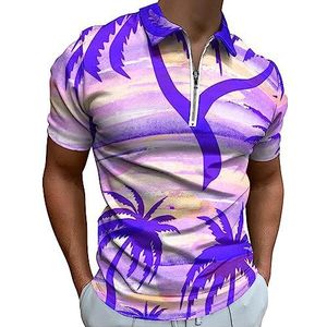 Zomer Strand Paars Zonsondergang Polo Shirt voor Mannen Casual Rits Kraag T-shirts Golf Tops Slim Fit