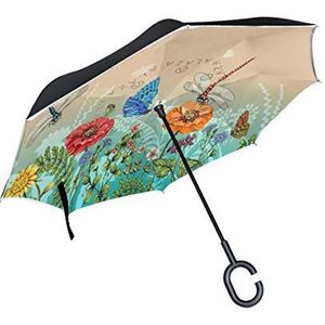 RXYY Winddicht Dubbellaags Vouwen Omgekeerde Paraplu Lente Vlinder Libelle Bloemen Waterdichte Reverse Paraplu voor Regenbescherming Auto Reizen Outdoor Mannen Vrouwen