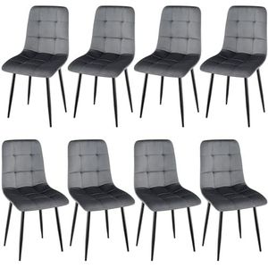 WAFTING Eetkamerstoelen, set van 8, gestoffeerde stoel met hoge rugleuning en Nederlands fluwelen design, eettafelstoelen met metalen voet, voor eetkamer, woonkamer en ontvangstruimte, donkergrijs