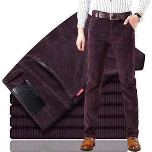 Beautyhis Klassieke corduroy broek voor heren, rechte stretchbroek, zakelijke broek met zakken, wijnrood, 33W