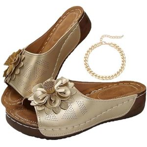Comfortabele Antislip Effenkleurige Sandalen Met Open Teen En Sleehak For Dames For De Hele Dag Wandelen Casual Slipper Met Boogondersteuning(Gold,45)