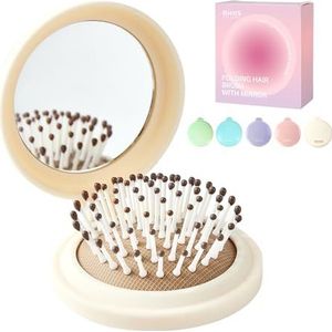 RHOS Compacte opvouwbare haarborstel met spiegel voor vrouwen, mannen en kinderen - kleine zak en draagbare reisborstel (beige)