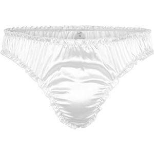 Satini Satijn Ruffel Sissy String Tanga Knickers Broekje Satijnen broekjes Ondergoed (Wit, L)
