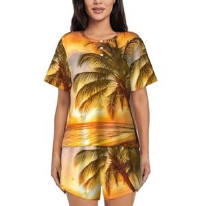 Tropisch strand palmboom zonsondergang print dames zomer zachte tweedelige bijpassende outfits korte mouw pyjama lounge pyjama sets, Zwart, L