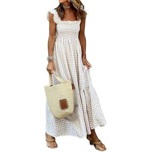 Mousegirl Nieuwe Multi Plaid Gesmokte Buste Maxi Jurk, Vrouwen Zomer Retro Plaid Spaghetti Band Vierkante Hals Volant Lange Jurk, Beige, M