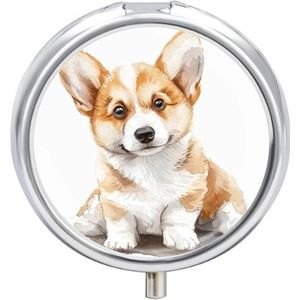 Kleine hond zit pillendoos 3 compartimenten reispillenorganizer 3 keer per dag schattige mini-pillenetui voor portemonnee en zak draagbare metalen medicijndoos met spiegel ronde dagelijkse