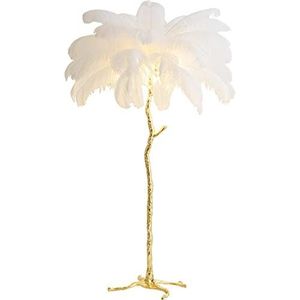 Psfghvz Natuurlijke Struisvogelveren Vloerlamp, Hars Veren Staande Lamp, Eenvoudige Moderne Slaapkamer en Woonkamer Staande Lamp, Gouden Lamplichaam, Dimbaar met E14 LED Lamp