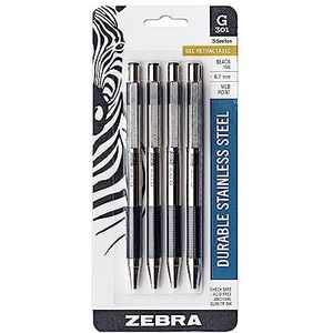 Zebra G-301 Stainless Steel Retractable Gel Pen, Medium Point, 0.7mm, Black Ink, 4-Count