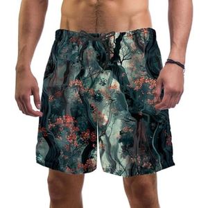 Boardshorts voor heren, rood bos en bomen, sneldrogende badmode, strand, vakantie, feest, bermuda, zwemmen, grote broek, Rode Woud en Bomen, L