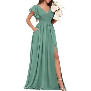 Chiffon bruidsmeisjesjurken voor dames, voor bruiloft, met split, avondgalajurken, cocktailjurken, grote maten, Eucalyptus, 32