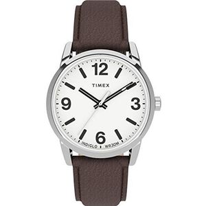 Timex Men's Easy Reader Bold 38mm Watch – Silver-Tone Case White Dial with Brown Leather Strap
