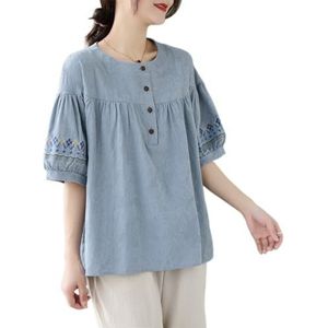 Dames Plus Size Retro Etnische Stijl Tops Ronde Hals Halve Mouwen Losse Shirts Chinese Stijl Jacquard Casual Blouse(Color:Blue,Size:L)