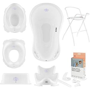 Hylat Baby Set 7: Babybadje met standaard, babybad inzet, afvoerslang, kinder toiletzitting, potje voor kinderen, opstapje - stabiel en comfortabel - Kleur: Wit, Motief: Yeti