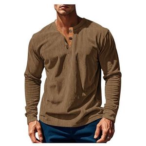 Heren Casual Ronde Hals Lange Mouw T-shirts Knoopsluiting Corduroy Slim-fit Ademend Effen Kleur Pullover ﻿ ﻿ ﻿(Brown,L)