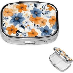 Pillendoosje met spiegel, kleine pillenorganizer, 2 compartimenten, blauwe en oranje bloemen op witte achtergrond, pillendoosje voor portemonnee of zak, draagbare pillencontainer, schattige