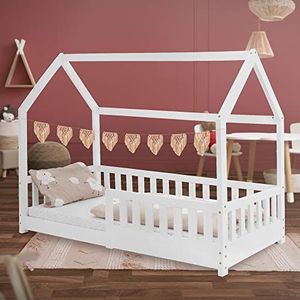 ML-Design kinderbed 80x160 cm met uitvalbeveiliging, dak en lattenbodem, wit, massief houten kinderbed, huisbed voor meisjes/jongens, bedhuis van massief grenen hout, stabiel jeugdbed kinderhuis