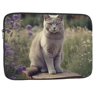 Laptop Sleeve voor Vrouwen Notebook Draagtas Grijze Kat in Bloem Veld Print Slanke Laptop Case Cover Shockproof Beschermende Notebook Case Laptop Tas 15 inch