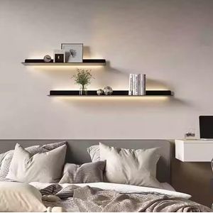 Metalen wandgemonteerde lichtgevende planken zwevende displayplank met ingebouwde verlichte led-lamp hangende displayrek wandplank for thuis slaapkamer woonkamer(Black,150cm/59in)