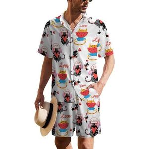 Leuke katten Hawaiiaanse pak voor heren, set van 2 stuks, strandoutfit, shirt en korte broek, bijpassende set