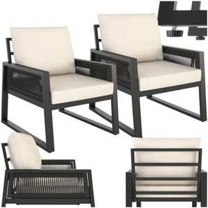 tectake® Rope Design Loungemeubelset, voor tuin of balkon, outdoor zitgroep, terrasmeubels met 2 x loungestoel, inclusief tuinmeubelkussens, weerbestendig