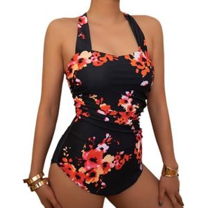 Bloemen Gedrukt Halter Ruches Een Stuk Badpak, Plus Size Vrouwen Sleutelgat Terug Badpak, Bloemen Gedrukt, L
