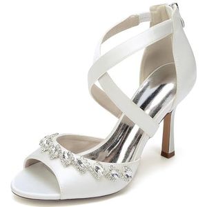 EICOFF Satijnen Hoge Hakken Trouwschoenen voor Dames Vrouwen Open Tenen Pompen Enkelband Strass Bruid Bruiloft Feest Werk Sandalen,ivoor,36 EU