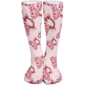 Varkens Met Luipaard Hoofdband Bloem Knie Hoge Sokken Print Lange Kousen Tube Sokken Over De Knie Sokken Casual Strakke Hoge Kousen Boot 40cm